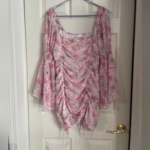 Acoa Womens Pink White Floral Belle Long Sleeve Ruched Mini Dress Size Large